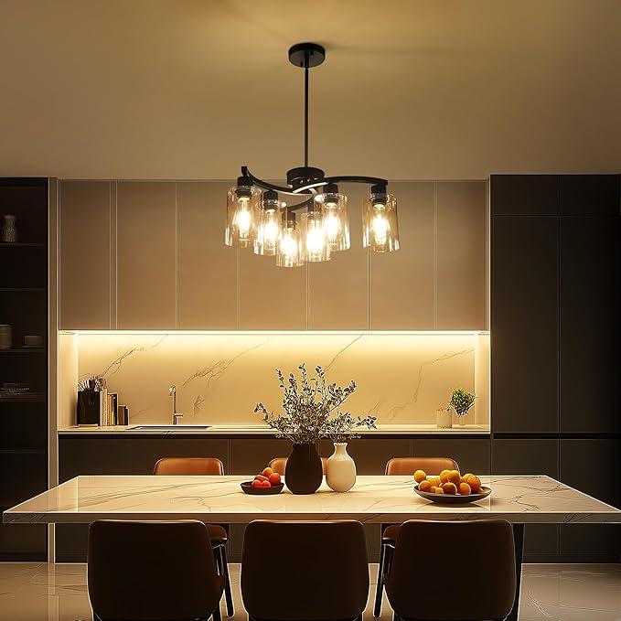 Sigaitwei 6 Light Modern Chandeliers for Dining Room,21.7" Black Hanging Light Fixture，Kitchen Pendant Lighting Over Island，Industrial Farmhouse Chandelier,Metal with Downward Clear Glass Shade