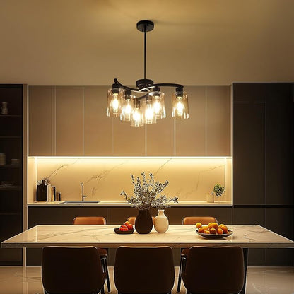 Sigaitwei 6 Light Modern Chandeliers for Dining Room,21.7" Black Hanging Light Fixture，Kitchen Pendant Lighting Over Island，Industrial Farmhouse Chandelier,Metal with Downward Clear Glass Shade