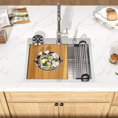 25 Inch Drop In Stainless Steel Kitchen Sink, 16 Gauge Single Bowl Workstation 3-Hole Sink with Mixing Bowl, Pasta Strainer #TLT-0047
