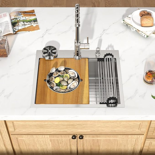 25 Inch Drop In Stainless Steel Kitchen Sink, 16 Gauge Single Bowl Workstation 3-Hole Sink with Mixing Bowl, Pasta Strainer #TLT-0047