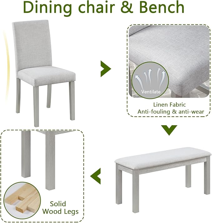 6 Piece Wooden Dining Table Set, Rectangular Dining Table with 4 Upholstered Chairs and 1 Bench, Elegant Dining Table Set with Crystal Decoration for Kitchen, Dining Room, Silver Grey