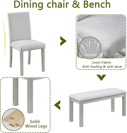 6 Piece Wooden Dining Table Set, Rectangular Dining Table with 4 Upholstered Chairs and 1 Bench, Elegant Dining Table Set with Crystal Decoration for Kitchen, Dining Room, Silver Grey