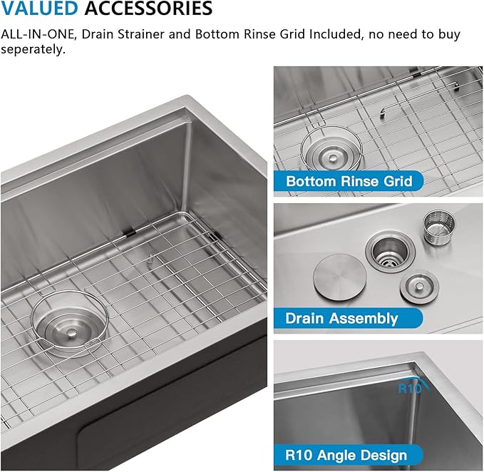 30"x18" Undermount Kitchen Sink - 16 Gauge 304 Stainless Steel, Ledge Workstation Under Counter Round Corners Single Bowl Sink Basin