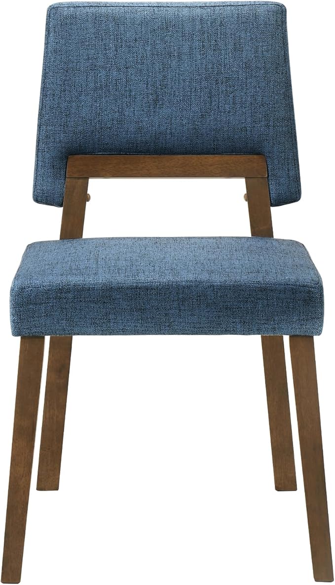 Armen Living Channell Wood Dining Chair in Walnut Finish with Blue Fabric - Set of 2