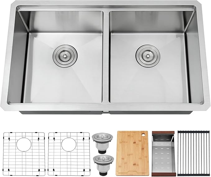 32 Inch Sink Undermount Double Bowl, 16 Gauge 50/50 Double Bowl Stainless Steel Workstation Sink, 32"x19"x10" Large and Deep Kitchen Sink With Accessories