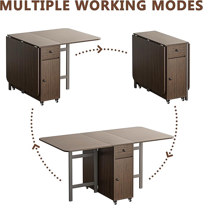 No Assembly Required Foldable Dining Table, Space Saving Extendable Kitchen Island with Drop Leaves for 2-6 People, Collapsible Craft Table with Movable Swivel Wheels for Small Spaces, Walnut