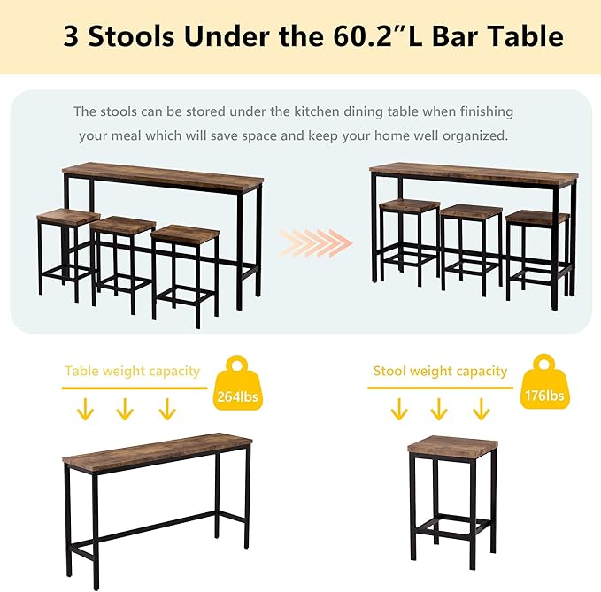 Merax 4-Piece Counter Height Extra Long Dining Table Set with 3 Stools and Side Table with Footrest Pub Kitchen Set (Brown)