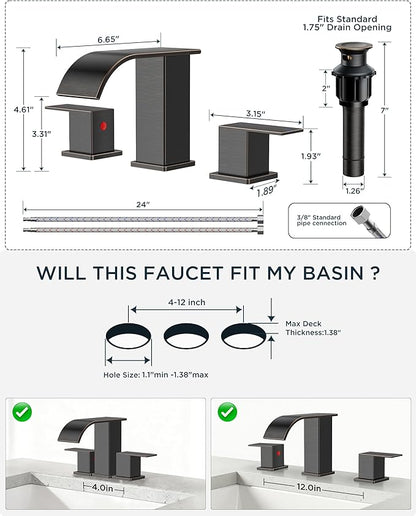 FORIOUS Oil Rubbed Bronze Bathroom Faucets 3 Hole, Waterfall Square 8 Inch Widespread Bathroom Sink Faucet with Metal Pop-up Drain and Supply Lines, Two Handles for Vanity, RV, Farmhouse