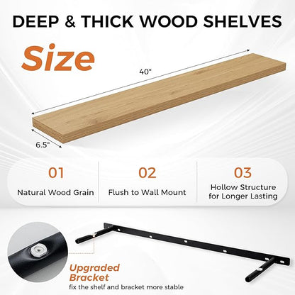 Fun Memories Floating Shelves for Wall, 40" Rustic Wood Deep Wall Mounted Shelves with Invisible Brackets for Decor & Storage, Floating Shelf for Living Room, Bathroom (Oak, Set of 2)