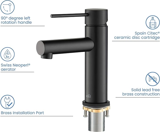 KIBI KBF1010 Solid Brass Single Handle Single Hole Circular X Faucet for Bathroom Sink with Pop Up Drain | High Arc Faucet Spout | Durable Matte Black Finish | Corrosion and Rust Resistant