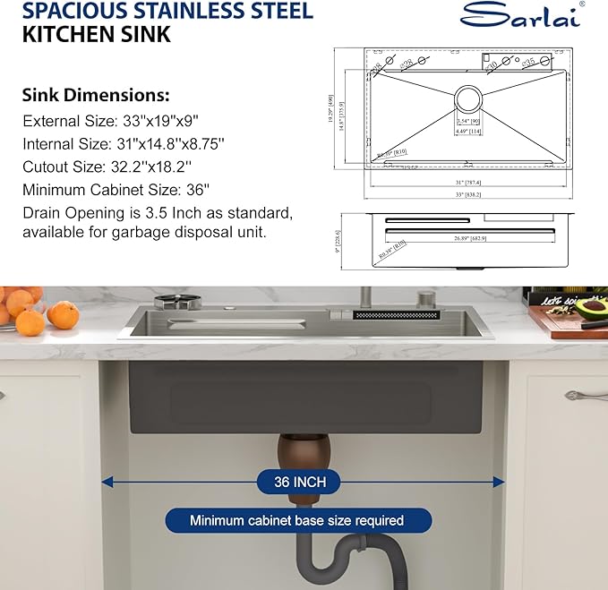 Sarlai Waterfall Kitchen Sink - 33 Inch Drop In Workstation Sink With Waterfall Stainless Steel 16 Gauge Multifunction Single Bowl Smart Top Mount Kitchen Sinks with Mechanical Keys 33x19x9 Inch