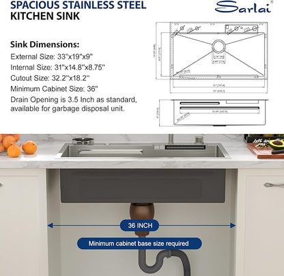 Sarlai Waterfall Kitchen Sink - 33 Inch Drop In Workstation Sink With Waterfall Stainless Steel 16 Gauge Multifunction Single Bowl Smart Top Mount Kitchen Sinks with Mechanical Keys 33x19x9 Inch