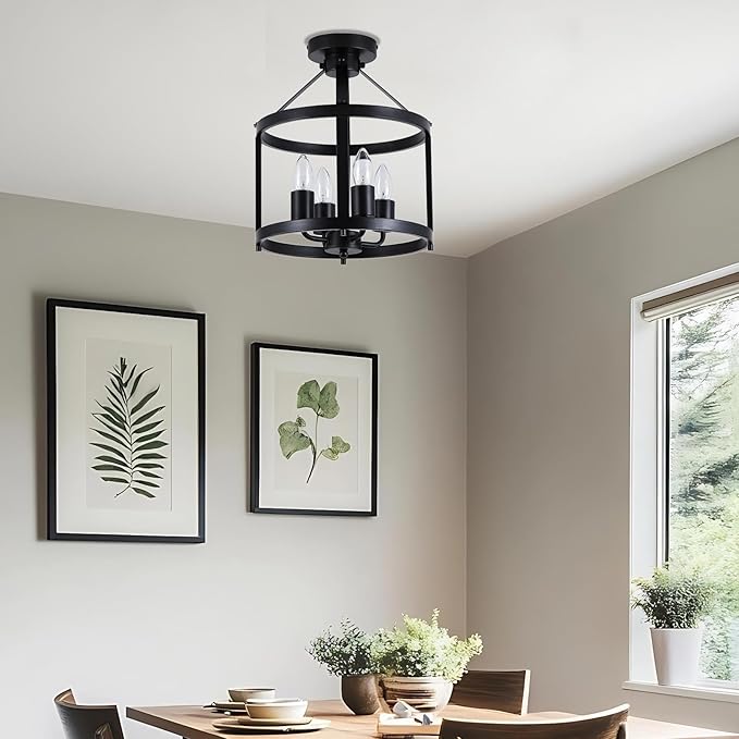 Black Flush Mount Ceiling Light Fixture, 4-Light Farmhouse Semi Flush Mount Ceiling Light, Industrial Metal Chandelier Ceiling Lamp for Dining Room Hallway Entryway Kitchen, E26 Socket