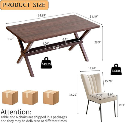 HIPIHOM 63" Kitchen and Dining Table Set for 4, MDF Wooden Table with Dining Chairs, Durable Metal Frame, Small Kitchen Island Styles with Storage Shelves