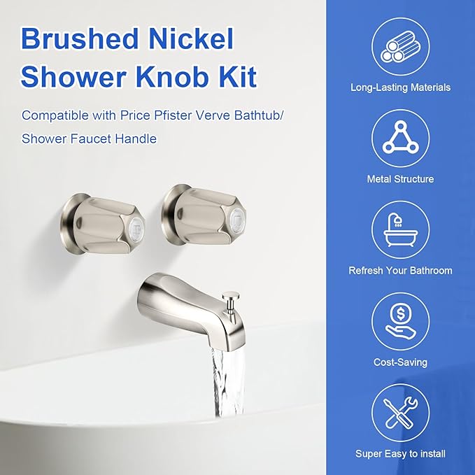 2 Piece Bathtub Shower Knob Replacement, with Diverter Bath Tub Spout Kit, Hot and Cold Faucet Knobs Compatible with Price Pfister Verve Tub Shower (Brushed Nickel)