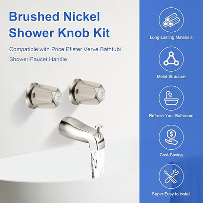 2 Piece Bathtub Shower Knob Replacement, with Diverter Bath Tub Spout Kit, Hot and Cold Faucet Knobs Compatible with Price Pfister Verve Tub Shower (Brushed Nickel)