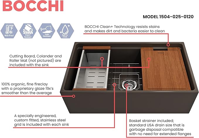 BOCCHI Contempo Workstation Apron Front Step Rim Fireclay 33 in. Single Bowl Kitchen Sink with Accessories in Matte Brown