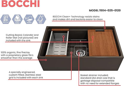 BOCCHI Contempo Workstation Apron Front Step Rim Fireclay 33 in. Single Bowl Kitchen Sink with Accessories in Matte Brown