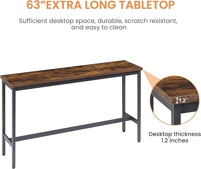 Long Bar Table Set with 3 PU Upholstered Stools, Industrial Bar Table and Chairs for Kitchen Breakfast Table, Living Room, Banquet Hall, Rustic Brown and Black, 63″L x15.7"W x 37.5"H (Rustic Brown)