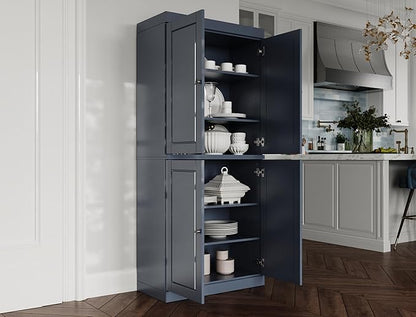 Palace Imports Solid Wood Kitchen Pantry Cabinet - 71.5" Tall x 32" Wide - Wooden Storage Cabinet with 4 Doors & Adjustable Shelves, Antique Blue, 100% Renewable Eco-Friendly Wood, Made in Brazil