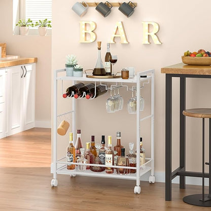 Joaxswe Bar Cart, Home Bar Serving Cart with 2-Tier Shelf,Rolling Beverage Cart with Wheels,Mobile Kitchen Shelf,Modern Wine Drink Cart with Wine Rack and Glass Holder for Kitchen,Dinning Room,White