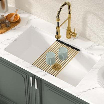 Lordear 32 Inch White Kitchen Sink Granite Composite Undermount Kitchen Sink Workstation 32x19 White Quartz Sinks Under Counter Single Bowl with Classic Gold Accessories