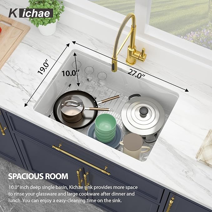 Kichae 27 Inch White Undermount Sink Fireclay 27x19 Inch Dual Drop in & Undermount Kitchen Sink Single Bowl Deep Porcelain Ceramic