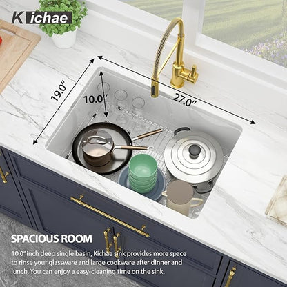 Kichae 27 Inch White Undermount Sink Fireclay 27x19 Inch Dual Drop in & Undermount Kitchen Sink Single Bowl Deep Porcelain Ceramic