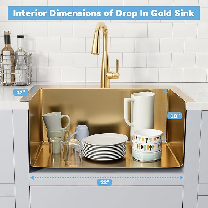 Gold Kitchen Sink 25"x22",Drop In Laundry Utility Sink,25 Inch Gold Sink 16 Gauge Stainless Steel,Top Mount Single Bowl Deep Kitchen Sinks