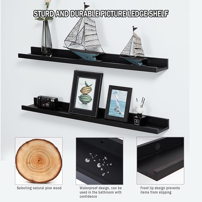AZSKY 24 Inch Picture Ledge Shelves Set of 3, Rustic Wood Floating Shelves for Photo Frames, Nursery & Kids Book Shelves, Wall Mounted Bathroom Organizer (Black)