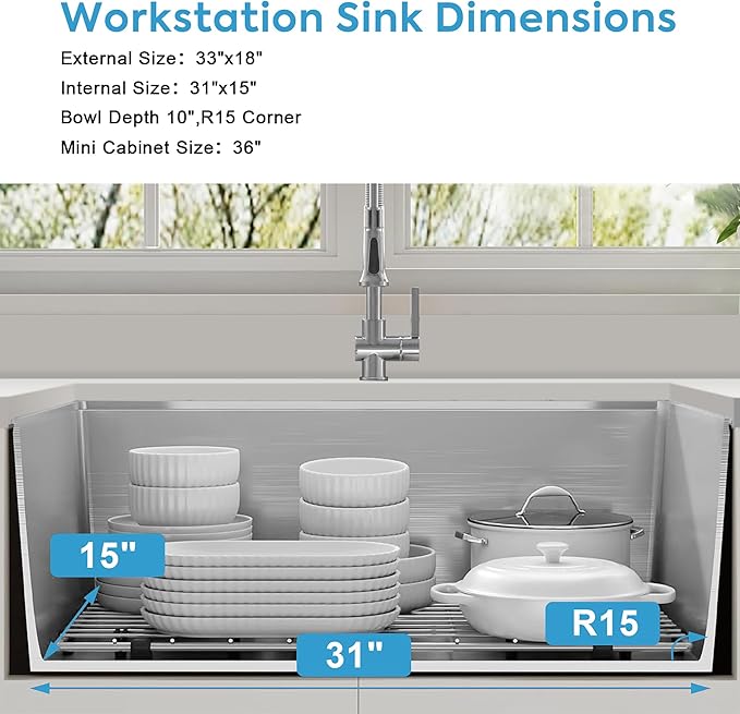 Stainless Steel Undermount Kitchen Sink, 16 Gauge T-304S Workstation Sinks with Accessories, 33" x 18" x 10" Large and Deep Single Bowl Kitchen Sink For Home & Kitchen, Outdoor
