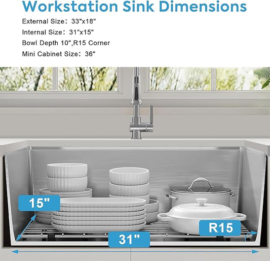Stainless Steel Undermount Kitchen Sink, 16 Gauge T-304S Workstation Sinks with Accessories, 33" x 18" x 10" Large and Deep Single Bowl Kitchen Sink For Home & Kitchen, Outdoor