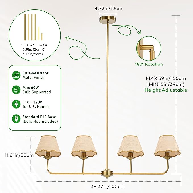 Boho Industrial 4-Light Linear Kitchen Island Light, 39" Gold Rattan Chandelier with Woven Rattan Shades, 180° Rotatable & Height Adjustable Dining Room Lighting for Living Room Bar, E12 Base