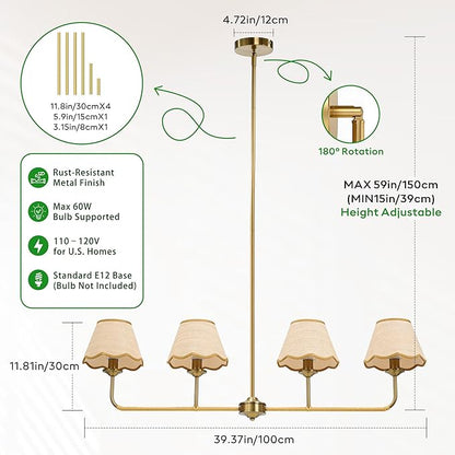 Boho Industrial 4-Light Linear Kitchen Island Light, 39" Gold Rattan Chandelier with Woven Rattan Shades, 180° Rotatable & Height Adjustable Dining Room Lighting for Living Room Bar, E12 Base