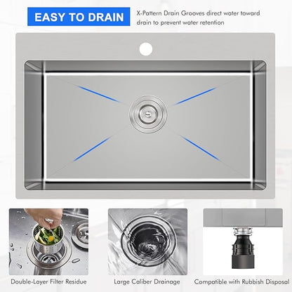 MENATT 30 inch Drop in Kitchen Sink, 304 Stainless Steel Single Bowl Topmount Kitchen Sink with 1 Hole, 9 inch Deep Single Bowl Sink, D30""xW18""xH9"", Brushed, OKL3018U-24