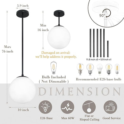 Bagood 10 Inch Globe Pendant Light Contemporary Globe Pendant Lights Black Mid Century Pendant Light Adjustable Hanging Light Fixture Matte Black Finished with Milk Glass Lampshade for Kitchen Island