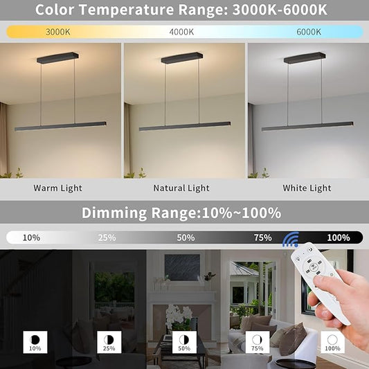 LED Linear Pendant Lights, 47in Island Lighting Fixture 3000k-6000K Dimmable, Chandelier Lamp for Kitchen Dining Room Pool Table Office Bar Garage Workbench