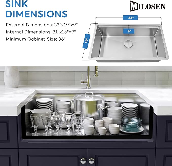 MILOSEN 33 Inch Undermount Kitchen Sink, 33" x 19" Stainless Steel Sinks, Single Bowl Workstation Sink with Custom Accessories, Handmade Under Counter Design, 9'' Depth Large and Deep Kitchen Sinks