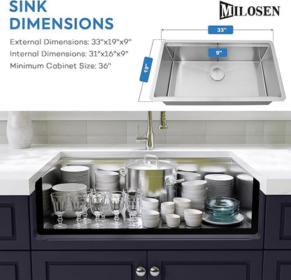 MILOSEN 33 Inch Undermount Kitchen Sink, 33" x 19" Stainless Steel Sinks, Single Bowl Workstation Sink with Custom Accessories, Handmade Under Counter Design, 9'' Depth Large and Deep Kitchen Sinks