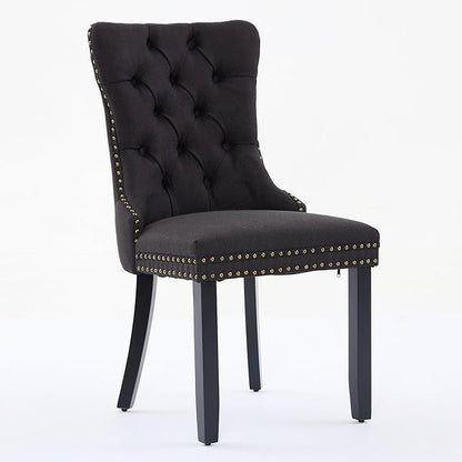 Ball & Cast Contemporary Upholstered Dining Chairs Set of 2, Flax Button Tufted Kitchen Side-Chairs with Hang Ring & Nailhead Trims & Wood Legs, 2-Piece Backrest Traditional Chair, Black+Black