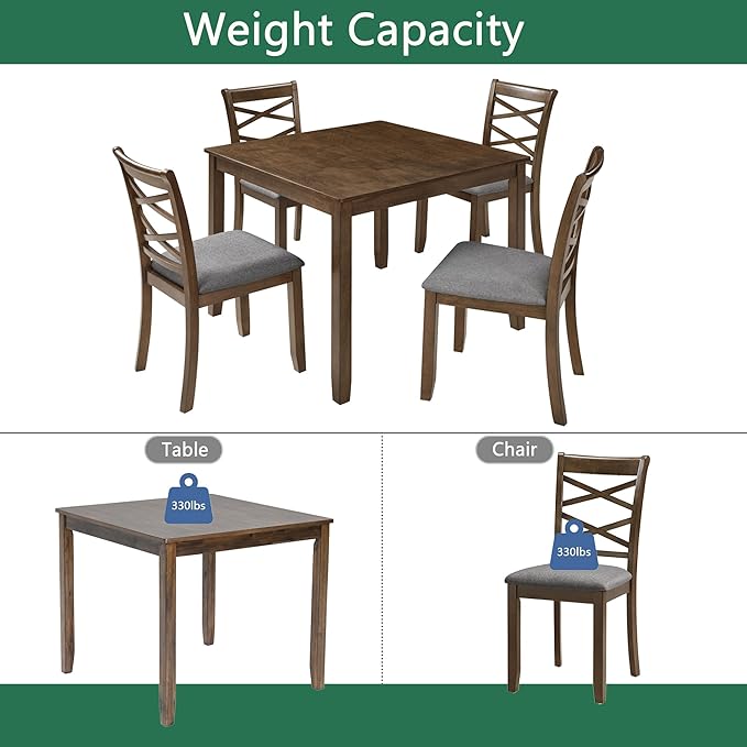 5-Piece Wooden Dining Table Set for 4, Modern Square Dining Room Table and Chairs Set of 4, Dining Table Set for 4 People for Kitchen and Dining Room, Walnut