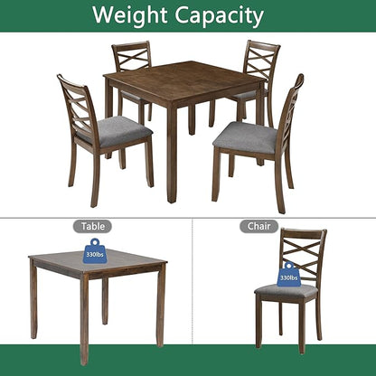 5-Piece Wooden Dining Table Set for 4, Modern Square Dining Room Table and Chairs Set of 4, Dining Table Set for 4 People for Kitchen and Dining Room, Walnut