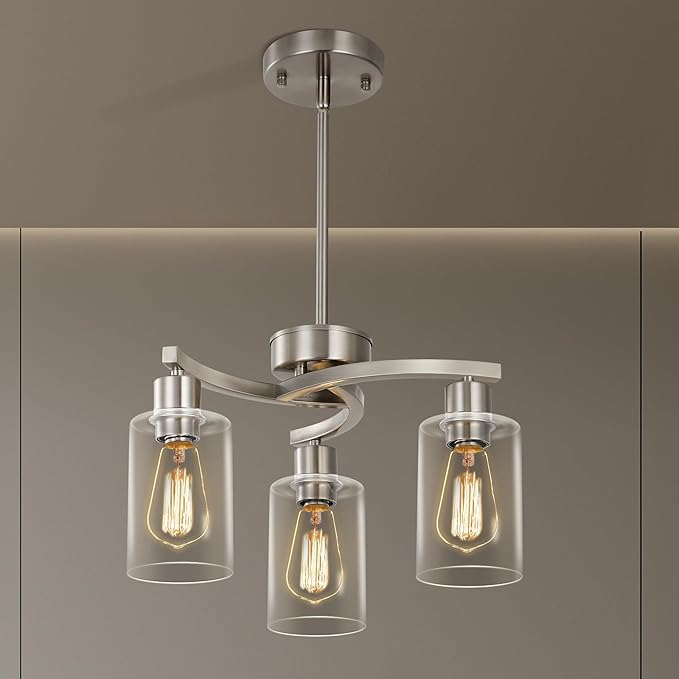 Sigaitwei 3 Light Brushed Nickel Modern Pendant Light, 16.5" Kitchen Island Lighting with Clear Glass Shade, Adjustable Dining Room Chandelier Over Table, Farmhouse Industrial Hanging Fixture