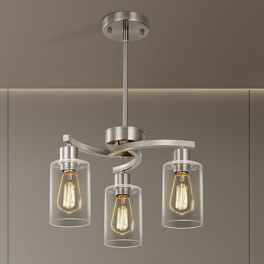 Sigaitwei 3 Light Brushed Nickel Modern Pendant Light, 16.5" Kitchen Island Lighting with Clear Glass Shade, Adjustable Dining Room Chandelier Over Table, Farmhouse Industrial Hanging Fixture