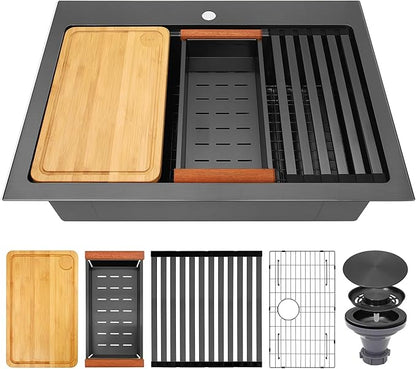 Rhbamoa Black Kitchen Sink,31 Inch Black Drop in Kitchen Sink Single Bowl,16 Gauge T304 Stainless Steel Workstation Sinks,10 Inch Deep Topmount Sinks with All Accessories