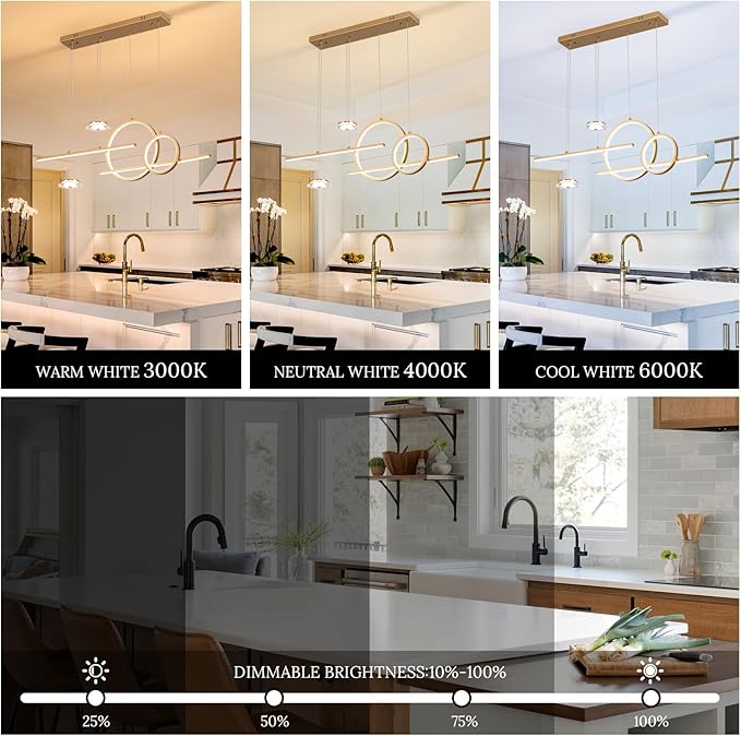 Modern Gold LED Dining Room Light Fixture with Remote Control, 38.5" 38W 3-Color Temp Stepless Dimmable Island Pendant Lights, Hanging Adjustable Linear Chandelier for Kitchen Bar