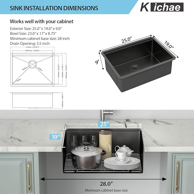 Kichae 25 Undermount Kitchen Sink - 25"x19" Kitchen Sink Ledge Workstation Stainless Steel Single Bowl Under Counter All In One Deep Basin Round Corner