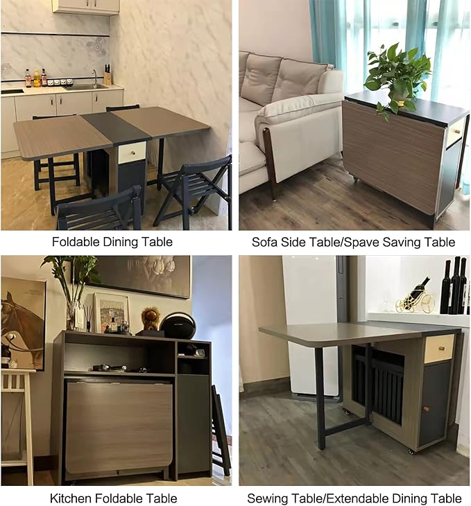 FUNROLUX Folding Dining Table with Storage Rack and 2 Drawers, Movable Kitchen Table Extendable Versatile Table Space Saving Foldable in 3 Forms (Grey)