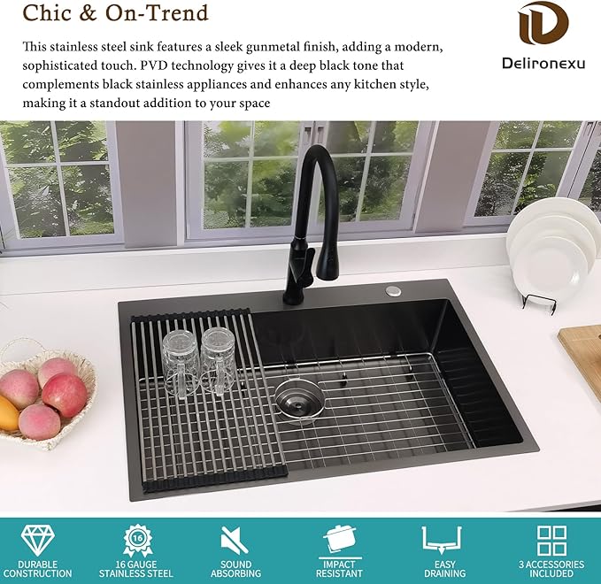 33x22 Black Drop In Kitchen Sink, Delironexu 16 Gauge 304 Black Stainless Steel Top Mount Kitchen Sink, 33 Inch Single Bowl Black Kitchen Sink with Accessories