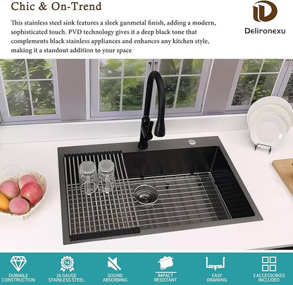 33x22 Black Drop In Kitchen Sink, Delironexu 16 Gauge 304 Black Stainless Steel Top Mount Kitchen Sink, 33 Inch Single Bowl Black Kitchen Sink with Accessories